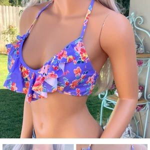 NWOT ‘Mae’ Flouncy Ruffle T Strap Back Bikini Top medium blue/purple swimwear